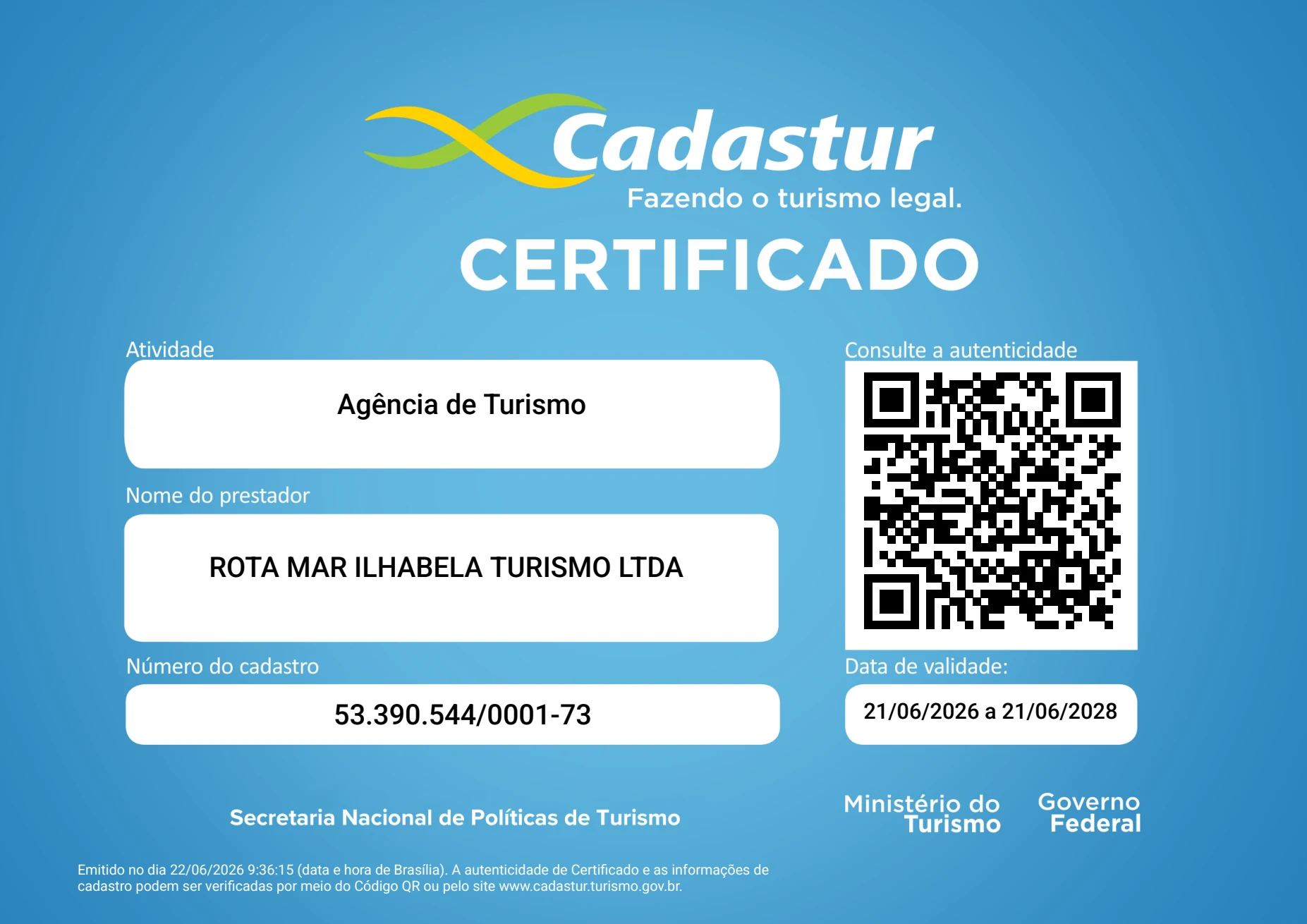 Certificado Cadastur da Rotamar Ilhabela — Ministério do Turismo